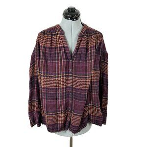 Free People Flannel Come On Over Plaid Pleated Oversized Fray Shirt S